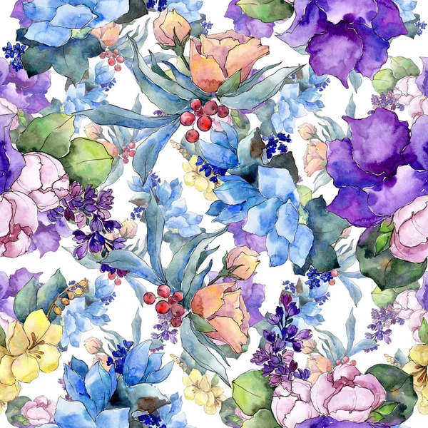 Sulu boya renkli buket tropikal çiçek. Botanik çiçek. Sorunsuz arka plan deseni. Kumaş duvar kağıdı yazdırma doku. Arka plan, doku, sarıcı desen Aquarelle kır çiçeği.