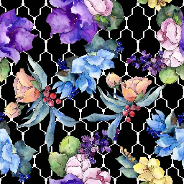 熱帯の花を水彩画のカラフルな花束 花植物の花 シームレスな背景パターン 壁紙印刷手触りの生地 テクスチャ ラッパー パターン Aquarelle ワイルドフラワー — ストック写真