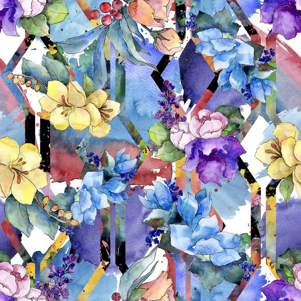 Watercolor colorful bouquet tropical flower. Floral botanical flower. Seamless background pattern. Fabric wallpaper print texture.Aquarelle wildflower for background, texture, wrapper pattern.