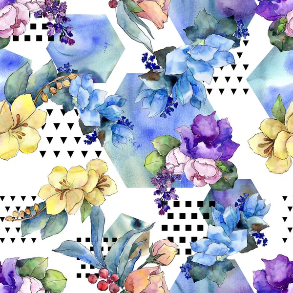 Watercolor colorful bouquet tropical flower. Floral botanical flower. Seamless background pattern. Fabric wallpaper print texture.Aquarelle wildflower for background, texture, wrapper pattern.