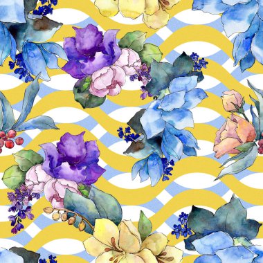 Sulu boya renkli buket tropikal çiçek. Botanik çiçek. Sorunsuz arka plan deseni. Kumaş duvar kağıdı yazdırma doku. Arka plan, doku, sarıcı desen Aquarelle kır çiçeği.