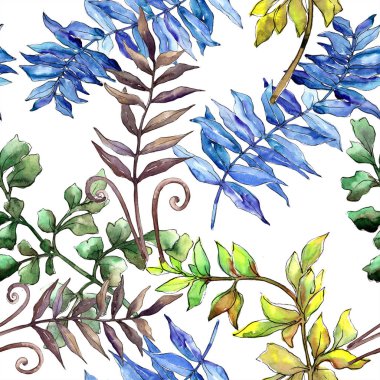 Sonbahar renkli eğreltiotu yaprakları. Yaprak bitki botanik bahçe çiçek yaprakları. Sorunsuz arka plan deseni. Kumaş duvar kağıdı yazdırma doku. Aquarelle yaprak arka plan, doku, sarıcı desen, kenarlık için.