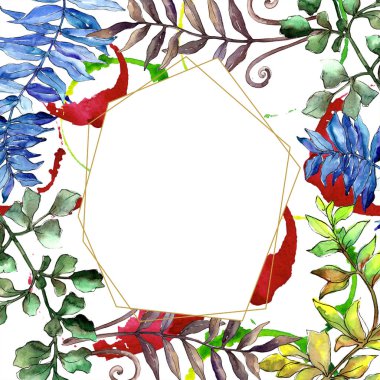 Sonbahar renkli eğreltiotu yaprakları. Yaprak bitki botanik bahçe çiçek yaprakları. Çerçeve kenarlığı süsleme Meydanı. Aquarelle yaprak için arka plan, doku, sarıcı desen, çerçeve veya kenarlık.