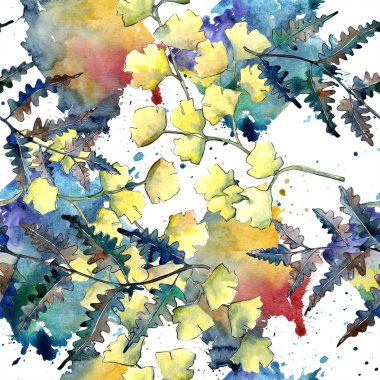 Sonbahar renkli eğreltiotu yaprakları. Yaprak bitki botanik bahçe çiçek yaprakları. Sorunsuz arka plan deseni. Kumaş duvar kağıdı yazdırma doku. Aquarelle yaprak arka plan, doku, sarıcı desen, kenarlık için.