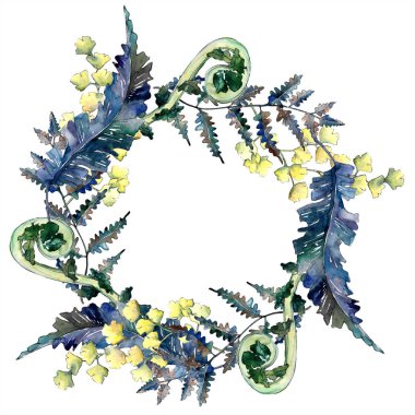 Sonbahar renkli eğreltiotu yaprakları. Yaprak bitki botanik bahçe çiçek yaprakları. Çerçeve kenarlığı süsleme Meydanı. Aquarelle yaprak için arka plan, doku, sarıcı desen, çerçeve veya kenarlık.