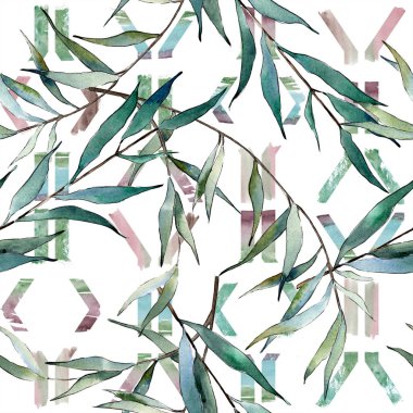 sulu boya yeşil söğüt dalları. Yaprak bitki botanik bahçe çiçek yaprakları. Sorunsuz arka plan deseni. Kumaş duvar kağıdı yazdırma doku. Aquarelle yaprak için arka plan, doku, sarıcı desen.