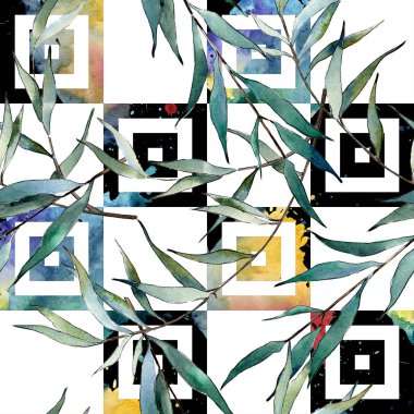 sulu boya yeşil söğüt dalları. Yaprak bitki botanik bahçe çiçek yaprakları. Sorunsuz arka plan deseni. Kumaş duvar kağıdı yazdırma doku. Aquarelle yaprak için arka plan, doku, sarıcı desen.