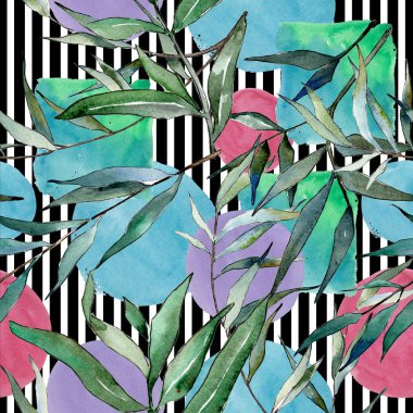 sulu boya yeşil söğüt dalları. Yaprak bitki botanik bahçe çiçek yaprakları. Sorunsuz arka plan deseni. Kumaş duvar kağıdı yazdırma doku. Aquarelle yaprak için arka plan, doku, sarıcı desen.