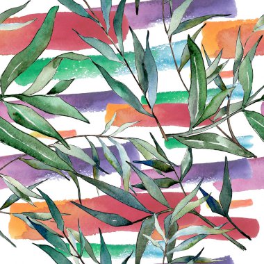 sulu boya yeşil söğüt dalları. Yaprak bitki botanik bahçe çiçek yaprakları. Sorunsuz arka plan deseni. Kumaş duvar kağıdı yazdırma doku. Aquarelle yaprak için arka plan, doku, sarıcı desen.