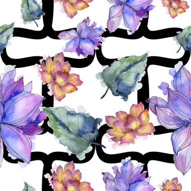 Kır çiçeği suluboya renkli lotus çiçeği. Botanik çiçek. Sorunsuz arka plan deseni. Kumaş duvar kağıdı yazdırma doku. Arka plan, doku, sarıcı desen Aquarelle kır çiçeği.