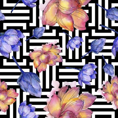 Kır çiçeği suluboya renkli lotus çiçeği. Botanik çiçek. Sorunsuz arka plan deseni. Kumaş duvar kağıdı yazdırma doku. Arka plan, doku, sarıcı desen Aquarelle kır çiçeği.