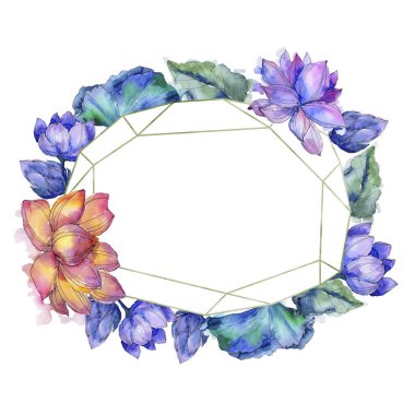 Kır çiçeği suluboya renkli lotus çiçeği. Botanik çiçek. Çerçeve kenarlığı süsleme Meydanı. Arka plan, doku, sarıcı desen, çerçeve veya kenarlık için Aquarelle kır çiçeği.