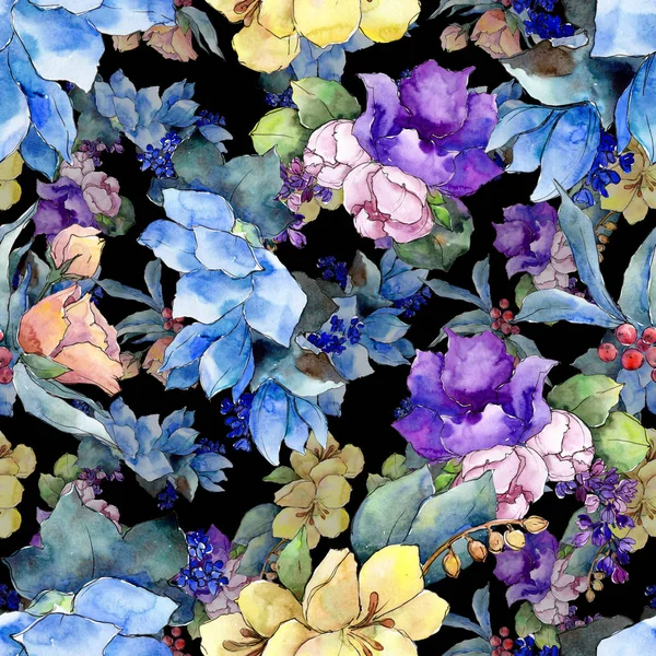 熱帯の花を水彩画のカラフルな花束 花植物の花 シームレスな背景パターン 壁紙印刷手触りの生地 テクスチャ ラッパー パターン Aquarelle ワイルドフラワー — ストック写真