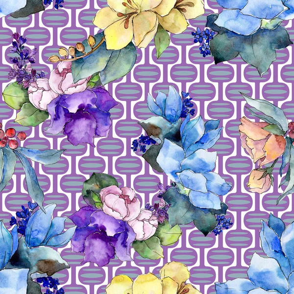Sulu Boya Renkli Buket Tropikal Çiçek Botanik Çiçek Sorunsuz Arka — Stok fotoğraf