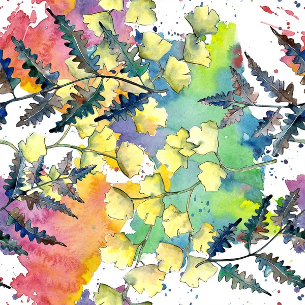 Sonbahar renkli eğreltiotu yaprakları. Yaprak bitki botanik bahçe çiçek yaprakları. Sorunsuz arka plan deseni. Kumaş duvar kağıdı yazdırma doku. Aquarelle yaprak arka plan, doku, sarıcı desen, kenarlık için.