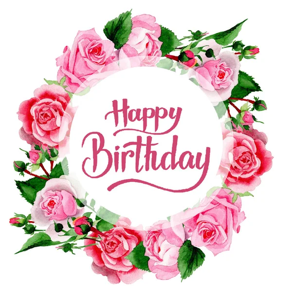 Suluboya pembe gül çiçek. Botanik çiçek. Çerçeve kenarlığı süsleme Meydanı. Arka plan, doku, sarıcı desen, çerçeve veya kenarlık için Aquarelle kır çiçeği.