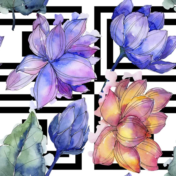 Kır çiçeği suluboya renkli lotus çiçeği. Botanik çiçek. Sorunsuz arka plan deseni. Kumaş duvar kağıdı yazdırma doku. Arka plan, doku, sarıcı desen Aquarelle kır çiçeği.