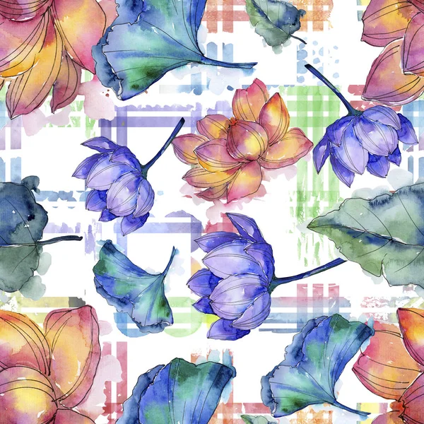 야생화 수채화 다채로운 로터스 꽃입니다 꽃입니다 원활한 패턴입니다 패브릭 텍스처입니다 — 스톡 사진