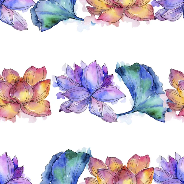 Kır çiçeği suluboya renkli lotus çiçeği. Botanik çiçek. Sorunsuz arka plan deseni. Kumaş duvar kağıdı yazdırma doku. Arka plan, doku, sarıcı desen Aquarelle kır çiçeği.