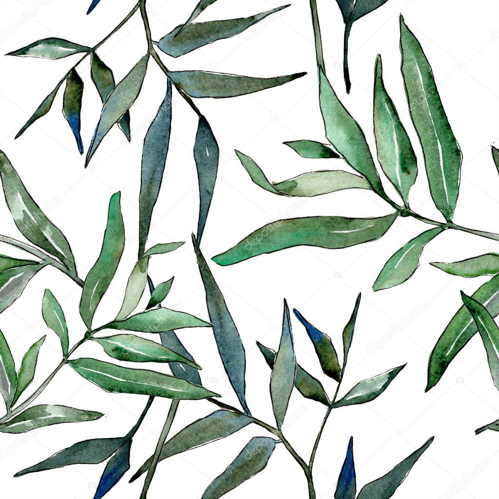 watercolor green willow branches. Leaf plant botanical garden floral foliage. Seamless background pattern. Fabric wallpaper print texture. Aquarelle leaf for background, texture, wrapper pattern.