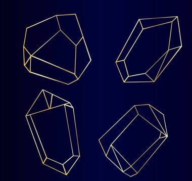 Vektör lüks altın kristal şekiller ayarlayın. İzole illüstrasyon öğesi. İzole illüstrasyon öğesi. Geometrik kuvars çokgen kristal taş mozaik şekil Ametist mücevher.