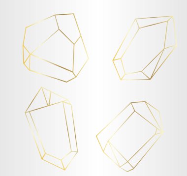 Vektör lüks altın kristal şekiller ayarlayın. İzole illüstrasyon öğesi. İzole illüstrasyon öğesi. Geometrik kuvars çokgen kristal taş mozaik şekil Ametist mücevher.