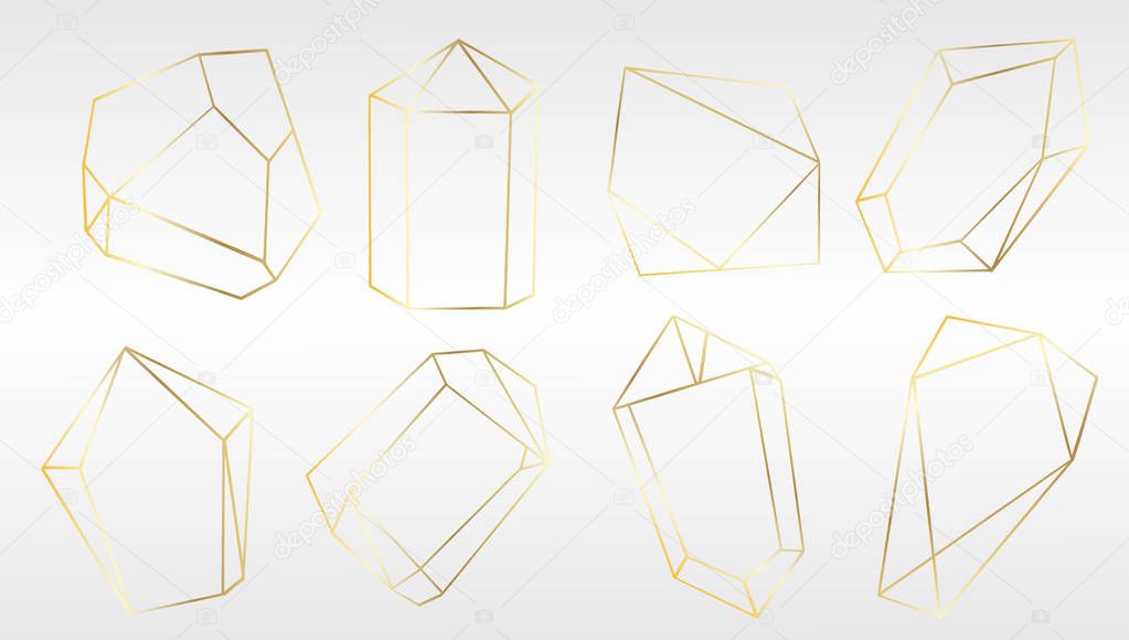 Vector set of luxury golden crystal shapes. Isolated illustration element. Isolated illustration element. Geometric quartz polygon crystal stone mosaic shape amethyst gem.