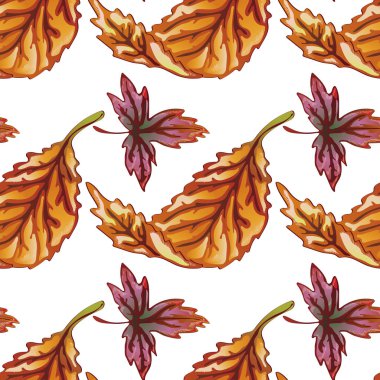 Vektör sonbahar sarı ve kırmızı yaprakları. Yaprak bitki botanik bahçe çiçek yaprakları. Sorunsuz arka plan deseni. Kumaş duvar kağıdı yazdırma doku. Arka plan, doku, sarıcı desen vektör yaprak.