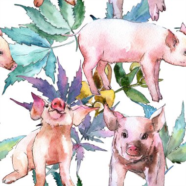 Pembe domuz vahşi hayvan izole bir suluboya tarzında. Sorunsuz arka plan deseni. Kumaş duvar kağıdı yazdırma doku. Aquarelle vahşi hayvan arka plan, doku, sarıcı desen veya dövme için.