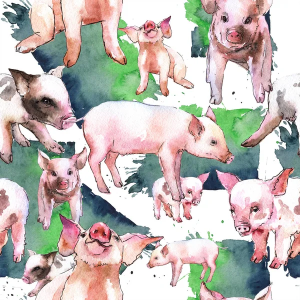 Pink pig wild animal in a watercolor style isolated. Seamless background pattern. Fabric wallpaper print texture.Aquarelle wild animal for background, texture, wrapper pattern or tattoo.