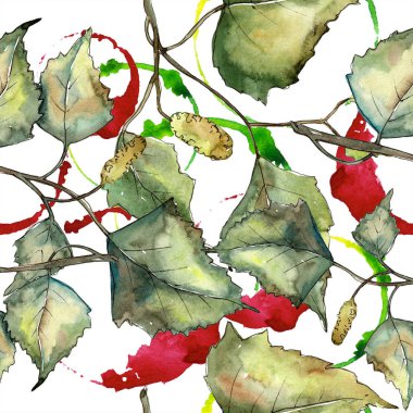 Yeşil sonbahar yaprak huş ağacı. Yaprak bitki botanik bahçe çiçek yaprakları. Sorunsuz arka plan deseni. Kumaş duvar kağıdı yazdırma doku. Aquarelle yaprak arka plan, doku, sarıcı desen, kenarlık için.