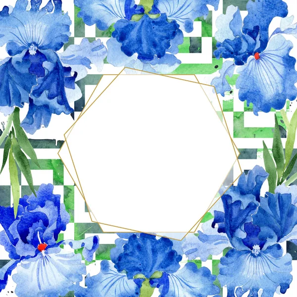 水彩ブルー アイリスの花 花植物の花 フレーム枠飾りスクエア テクスチャ ラッパー パターン フレームや境界線の Aquarelle ワイルドフラワー — ストック写真