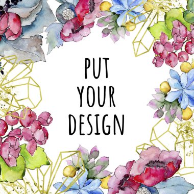 Sulu boya renkli tropikal buket çiçek. Botanik çiçek. Çerçeve kenarlığı süsleme Meydanı. Arka plan, doku, sarıcı desen, çerçeve veya kenarlık için Aquarelle kır çiçeği.