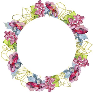 Sulu boya renkli tropikal buket çiçek. Botanik çiçek. Çerçeve kenarlığı süsleme Meydanı. Arka plan, doku, sarıcı desen, çerçeve veya kenarlık için Aquarelle kır çiçeği.