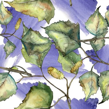 Yeşil sonbahar yaprak huş ağacı. Yaprak bitki botanik bahçe çiçek yaprakları. Sorunsuz arka plan deseni. Kumaş duvar kağıdı yazdırma doku. Aquarelle yaprak arka plan, doku, sarıcı desen, kenarlık için.