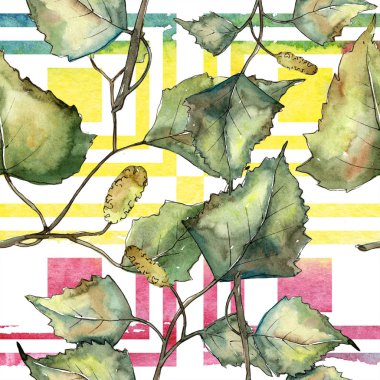 Yeşil sonbahar yaprak huş ağacı. Yaprak bitki botanik bahçe çiçek yaprakları. Sorunsuz arka plan deseni. Kumaş duvar kağıdı yazdırma doku. Aquarelle yaprak arka plan, doku, sarıcı desen, kenarlık için.
