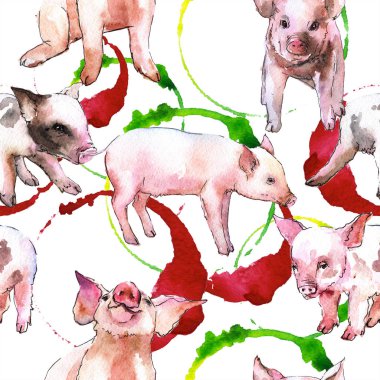 Pembe domuz vahşi hayvan izole bir suluboya tarzında. Sorunsuz arka plan deseni. Kumaş duvar kağıdı yazdırma doku. Aquarelle vahşi hayvan arka plan, doku, sarıcı desen veya dövme için.