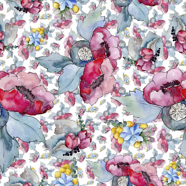 水彩のカラフルなトロピカル ブーケの花 花植物の花 シームレスな背景パターン 壁紙印刷手触りの生地 テクスチャ ラッパー パターン ボーダー Aquarelle — ストック写真