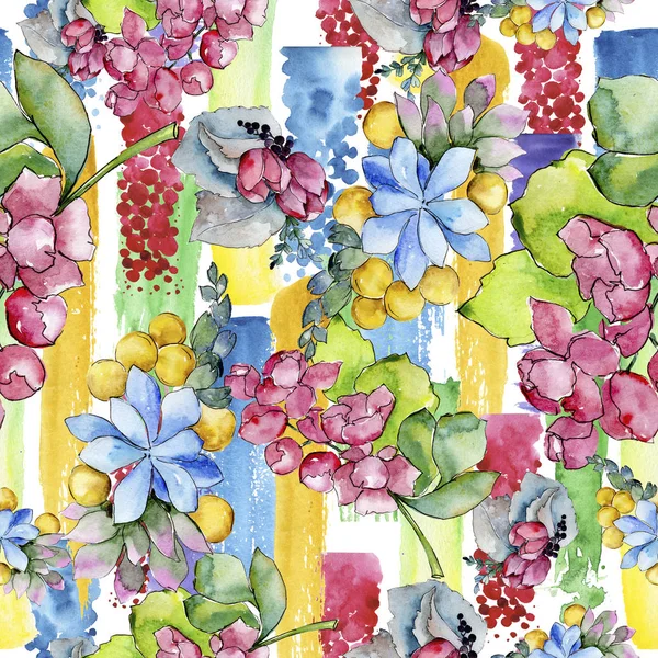 Watercolor colorful tropical bouquet flower. Floral botanical flower. Seamless background pattern. Fabric wallpaper print texture.Aquarelle wildflower for background, texture, wrapper pattern, border.
