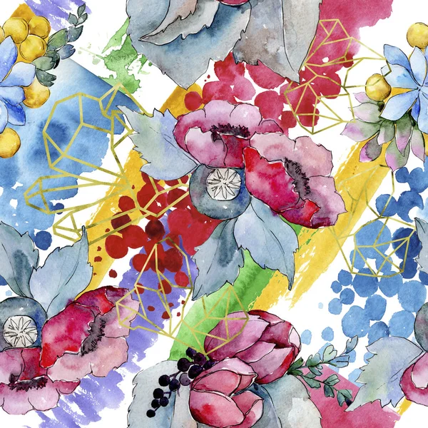 Sulu Boya Renkli Tropikal Buket Çiçek Botanik Çiçek Sorunsuz Arka — Stok fotoğraf