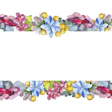 Sulu boya renkli tropikal buket çiçek. Botanik çiçek. Çerçeve kenarlığı süsleme Meydanı. Arka plan, doku, sarıcı desen, çerçeve veya kenarlık için Aquarelle kır çiçeği.