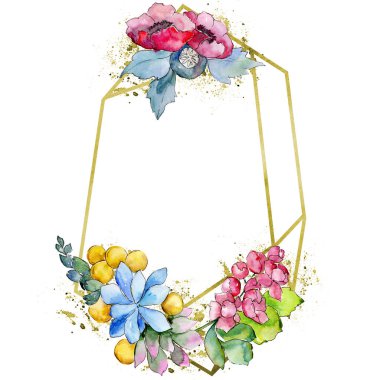 Sulu boya renkli tropikal buket çiçek. Botanik çiçek. İzole illüstrasyon öğesi. Arka plan, doku, sarıcı desen, çerçeve veya kenarlık için Aquarelle kır çiçeği.