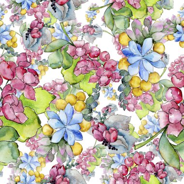 Sulu boya renkli tropikal buket çiçek. Botanik çiçek. Sorunsuz arka plan deseni. Kumaş duvar kağıdı yazdırma doku. Arka plan, doku, sarıcı desen, kenarlık için Aquarelle kır çiçeği.