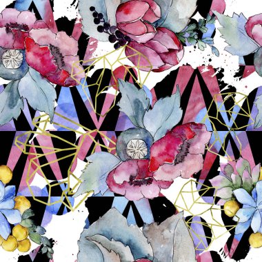 Sulu boya renkli tropikal buket çiçek. Botanik çiçek. Sorunsuz arka plan deseni. Kumaş duvar kağıdı yazdırma doku. Arka plan, doku, sarıcı desen, kenarlık için Aquarelle kır çiçeği.