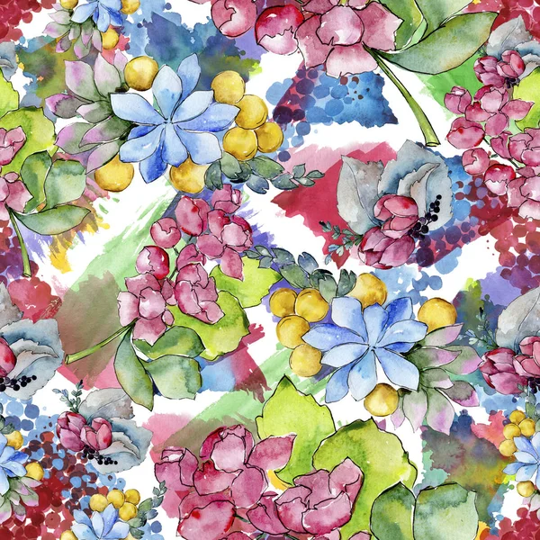 Watercolor colorful tropical bouquet flower. Floral botanical flower. Seamless background pattern. Fabric wallpaper print texture.Aquarelle wildflower for background, texture, wrapper pattern, border.