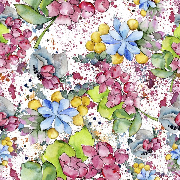 Watercolor colorful tropical bouquet flower. Floral botanical flower. Seamless background pattern. Fabric wallpaper print texture.Aquarelle wildflower for background, texture, wrapper pattern, border.