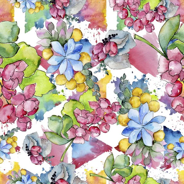 Watercolor colorful tropical bouquet flower. Floral botanical flower. Seamless background pattern. Fabric wallpaper print texture.Aquarelle wildflower for background, texture, wrapper pattern, border.