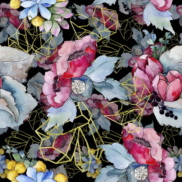 水彩五颜六色的热带花束花 花卉植物花 无缝的背景图案 织物墙纸打印纹理 水彩画野花为背景 包装图案 — 图库照片