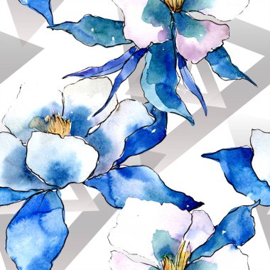 Sulu boya renkli aquilegia çiçek. Botanik çiçek. Sorunsuz arka plan deseni. Kumaş duvar kağıdı yazdırma doku. Arka plan, doku, sarıcı desen, kenarlık için Aquarelle kır çiçeği.