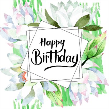 Sulu boya beyaz lotus çiçeği. Botanik çiçek. Çerçeve kenarlığı süsleme Meydanı. Arka plan, doku, sarıcı desen, çerçeve veya kenarlık için Aquarelle kır çiçeği.